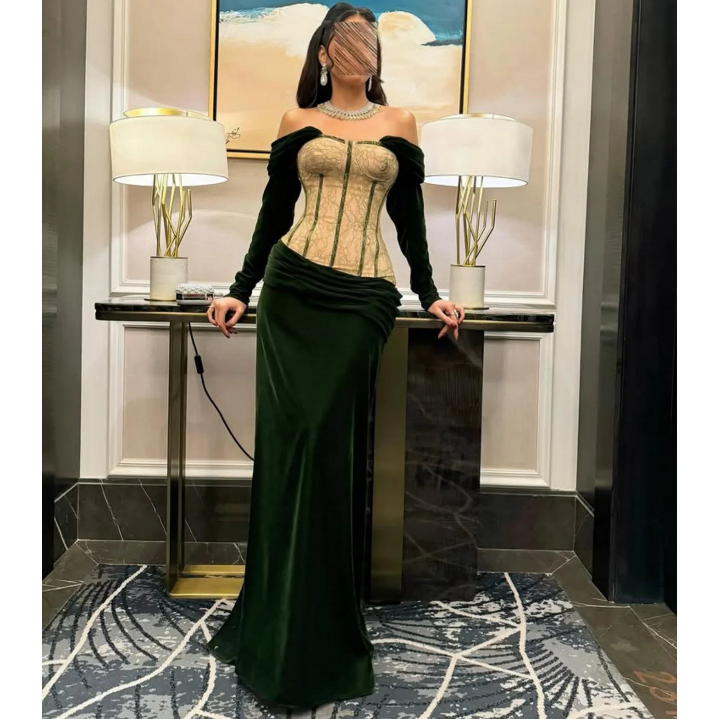Fairytale Green Lace Prom Dresses Beadings Off Shoulder Evening Dresses Pleated Birthday Dress Customized Dress Saudi Arabia