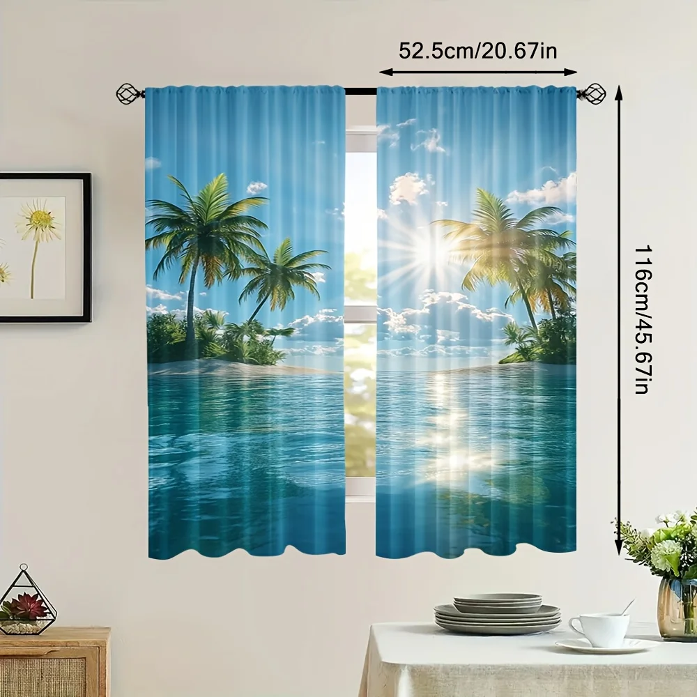 Tropical Paradise Curtains Ocean View Palm Tree Window Drapes Blue Beach Scene Sunlight Filtering Curtains for Living Room Bedro