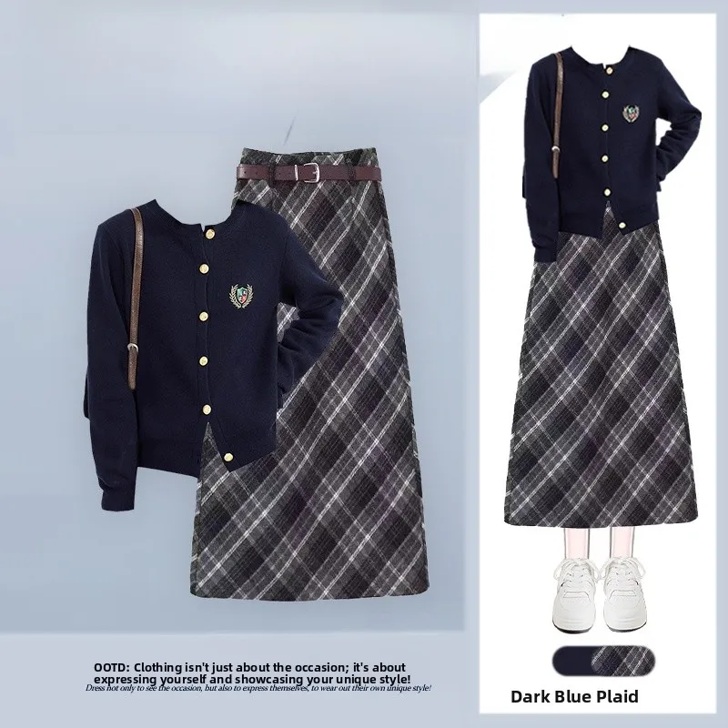 

Корейский осенний комплект, женский вязаный свитер для колледжа с высокой талией, утягивающая клетчатая юбка, комплект из двух предметов