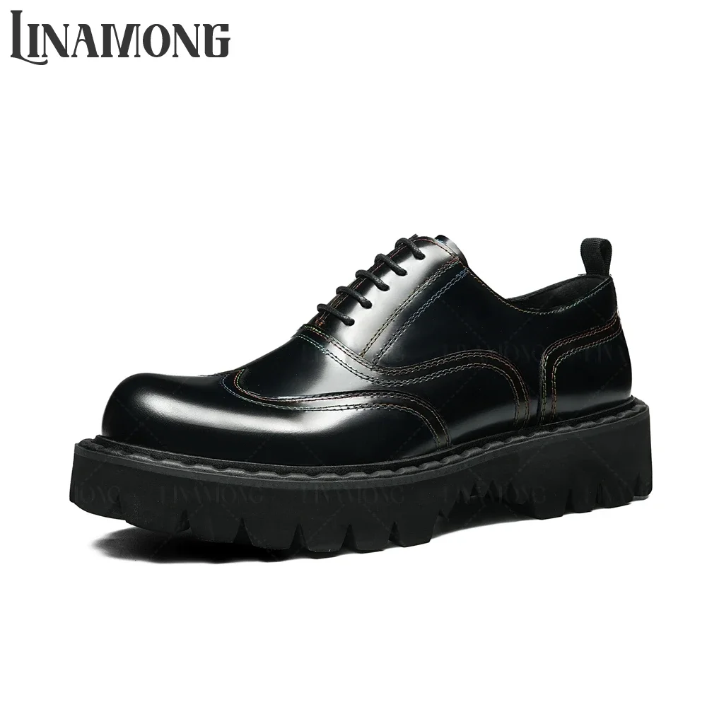 Big Round Toe Genuine Leather Shoes British Style Thick Sole Business Casual Shoes Designer Stitched Handmade Men's Oxford Shoes