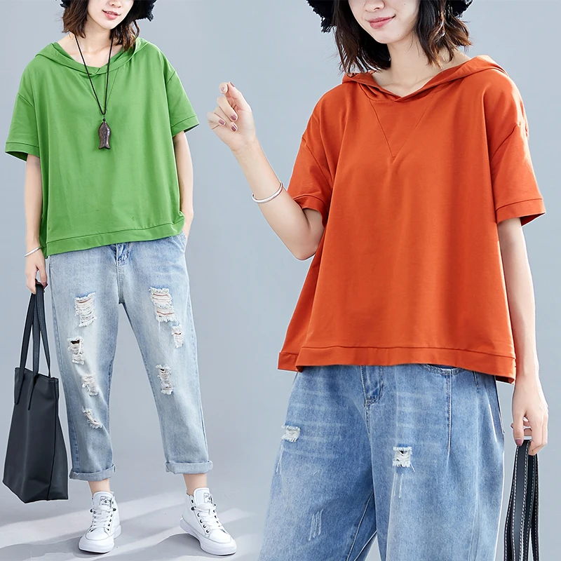 

Свободная женская футболка-накидка больших размеров в корейском стиле, утягивающая, с капюшоном, повседневная, универсальная, летняя одежда