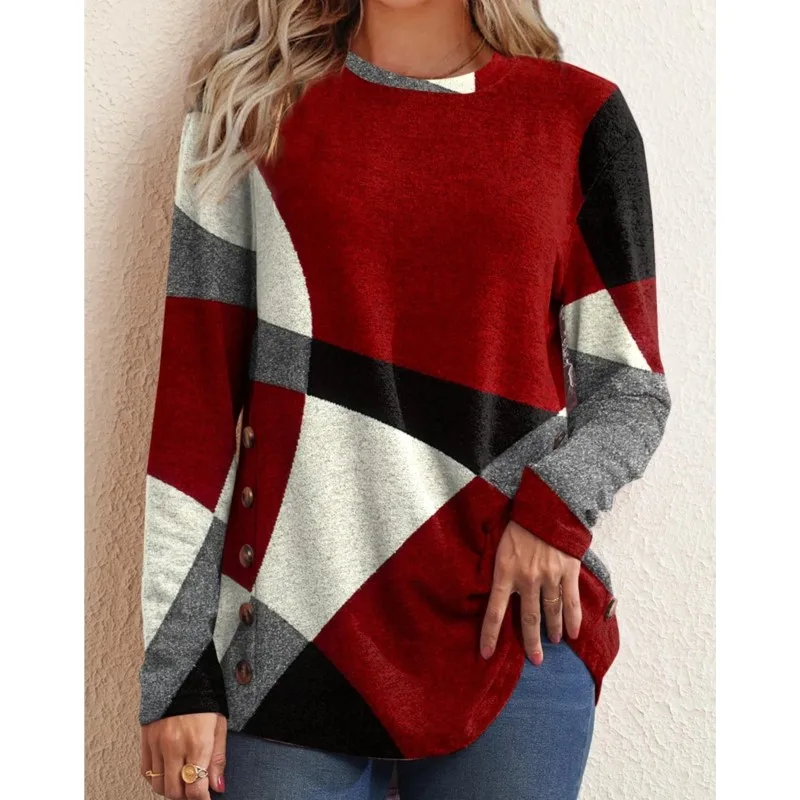 

Fashion Women Casual Plaid Color Block Long Sleeve Buttons Hoodie Top Casual Geometric Print Tops Crew Neck Lady Commute TShirts