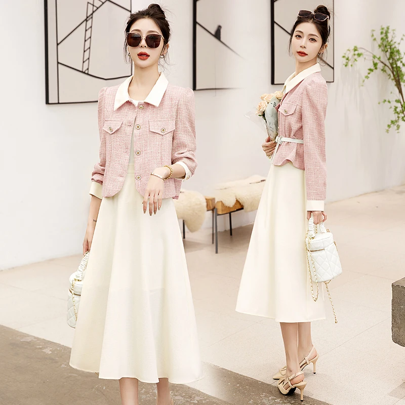 Korean Sweety 2pcs Sets Girls Short Blazer Coat Belt Jackets +Mid A-Line Skirt Suits Women Outfits Casual Office Lady Work