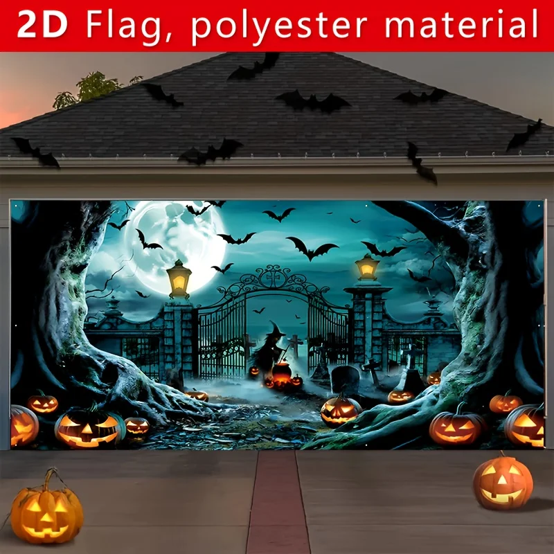 طائرة ثنائية الأبعاد، لافتة باب جراج كبيرة للهالوين - مشهد مقبرة رعب مع الخفافيش والسحرة وفوانيس اليقطين - ألياف البوليستر
