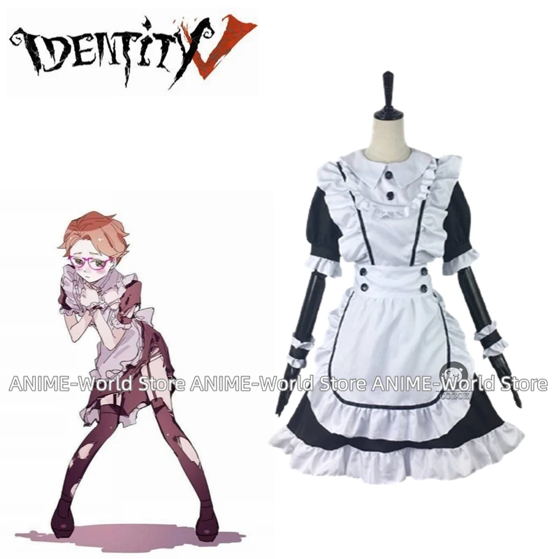 

Lucky Guy Maid Costume Cosplay Game Identity V Unisex Man Female Cafe Black Maid Cospaly Costume Dress+Apron+Wrist+Bow