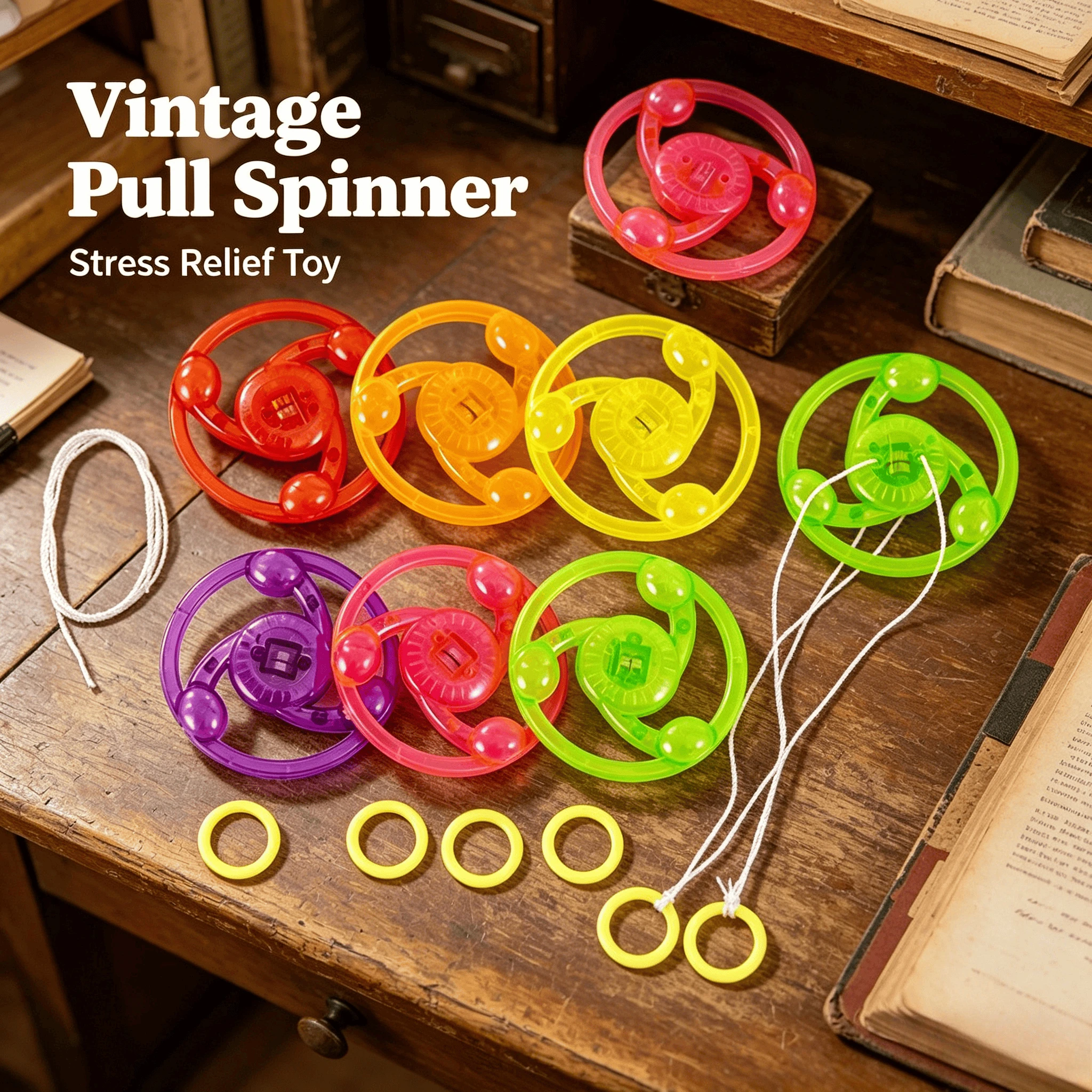 50 Pcs Vintage Pull String Spinner Toy Multicolor Stress Relief Fidget Wheel Classic Retro Fun for Kids Adults Party Favor Gift
