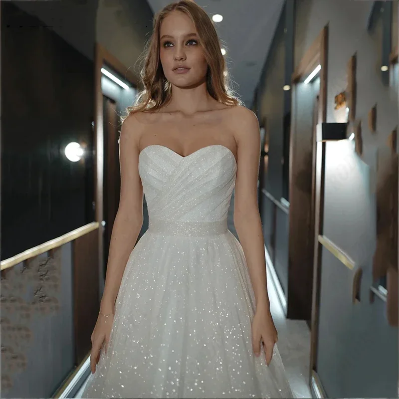 Vestido de novia de princesa brillante, vestido de fiesta nupcial de tul sin tirantes con escote en forma de corazón moderno, vestidos de novia con lazo en la espalda con cordones