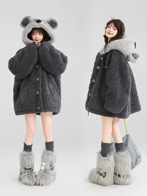 

Cute Hooded Lamb Fur Jacket plus Size Women's Loose Warm Thickened Plush Top Commute Korean Style Winter Casual Cartoon Anime