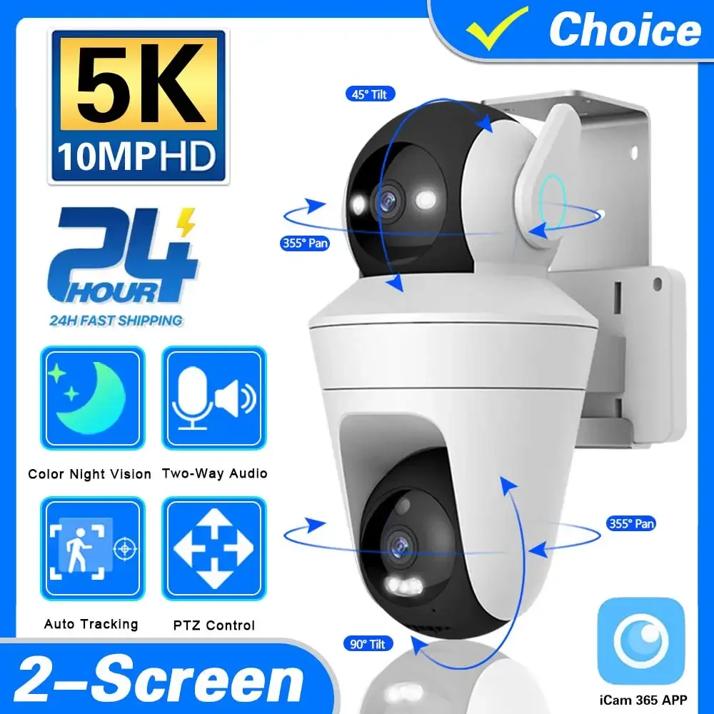 กล้องรักษาความปลอดภัย WiFi เลนส์คู่ 10MP 10X PTZ ซูม 360 °   PTZ OutDoor พร้อมแอป ICam365 การติดตามการเคลื่อนไหวเสียงสองทางที่จัดเก็บข้อมูลในพื้นที่