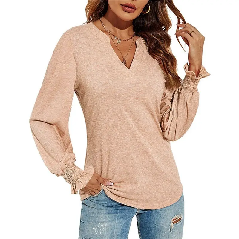 

CYL-Women's Casual V-Neck Long-Sleeved Tops Spring And Autumn Loose Pullover T-Shirt Tops
