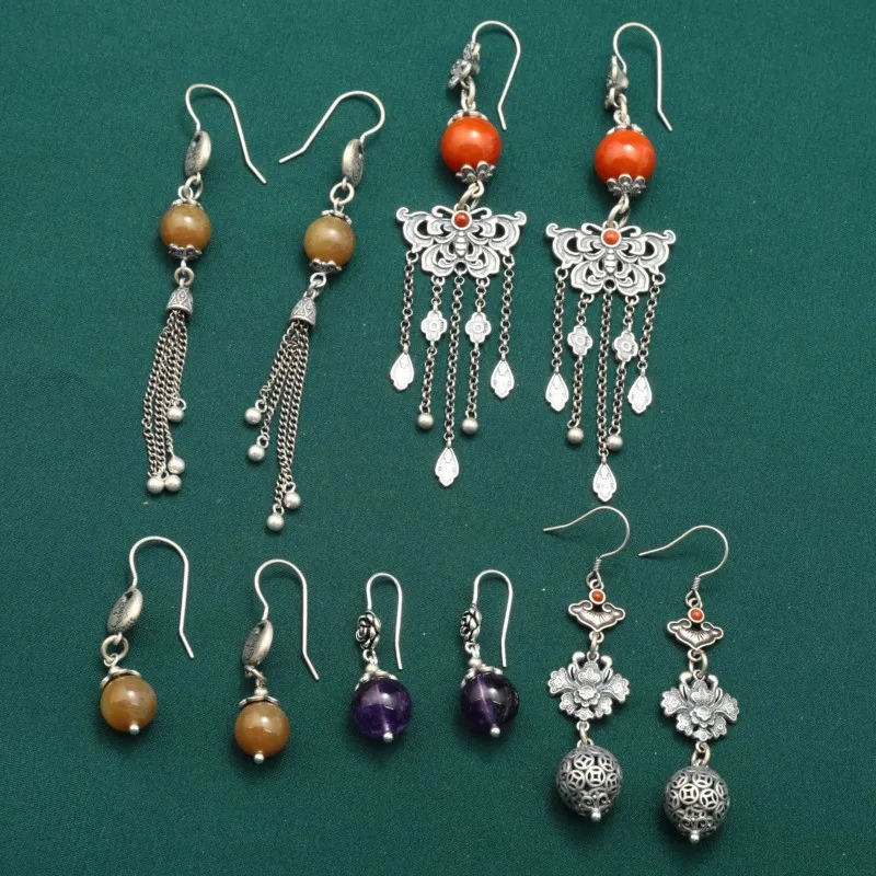 

Langyan 925 Sterling Silver Coin Butterfly Long Tassel Earrings for Women Vintage Ethnic Agate Amethyst Beads Earrings EH264