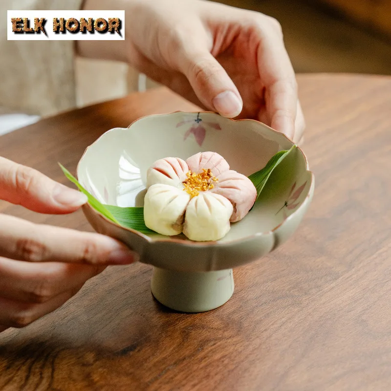 Plant Ash Hand-painted Flowers Bamboo High Foot Fruit Dishes Handmade Pastry Plate Serving Tray Chinese Tea Set Ornaments Craft