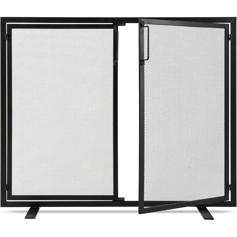 

38.5x31in 2-Door Fireplace Screen, Handcrafted Wrought Iron Decorative Mesh Geometric Fire Spark Guard w/Magnetic Panels - Black