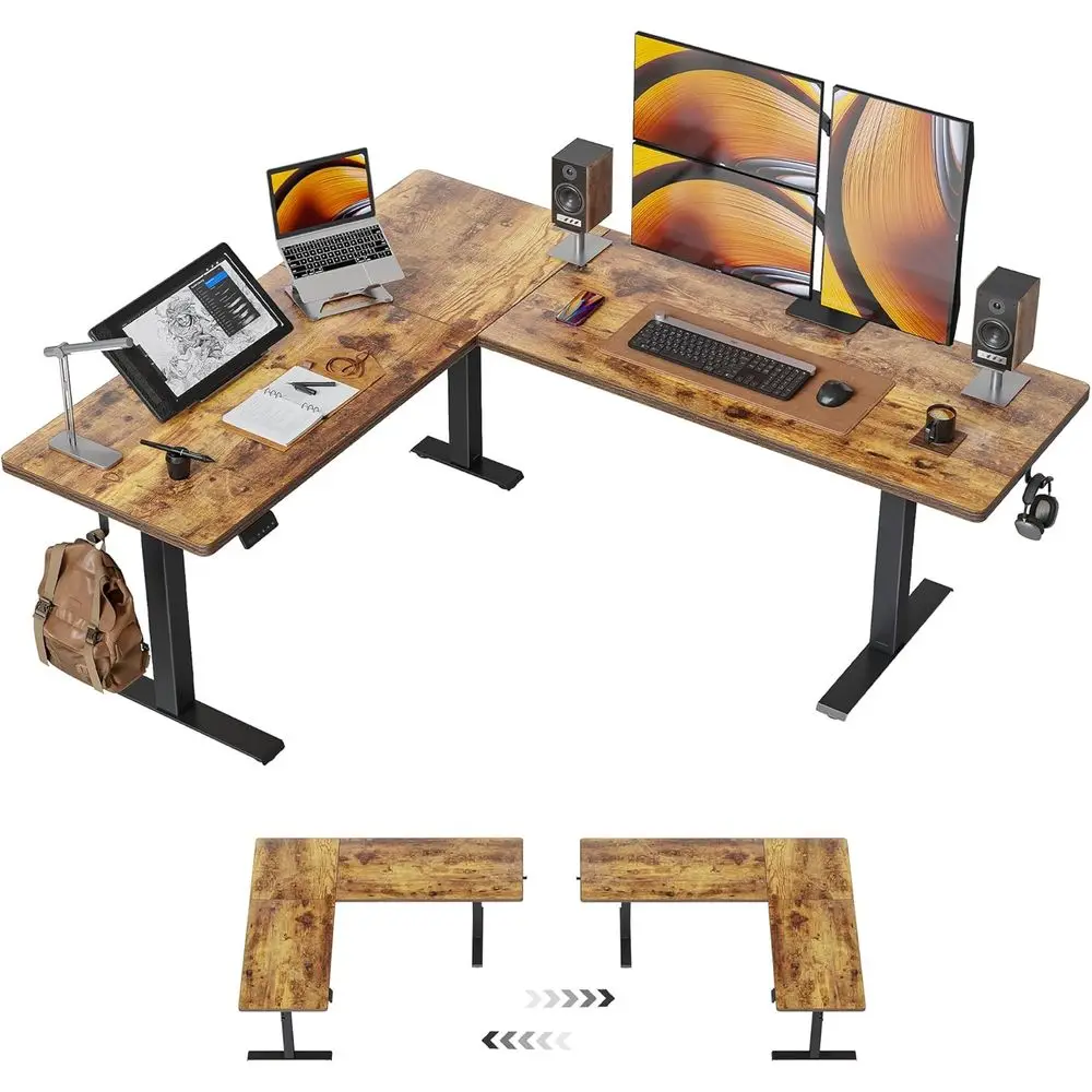 

Adjustable Height 75 x 63 L-Shaped Desk, Vintage Brown, Electric Sit-Stand Home Office Desk with Splice Board