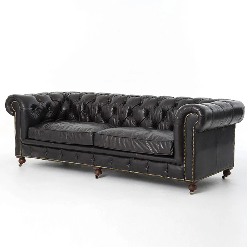 

Classic British buckle hotel living room leather sofa