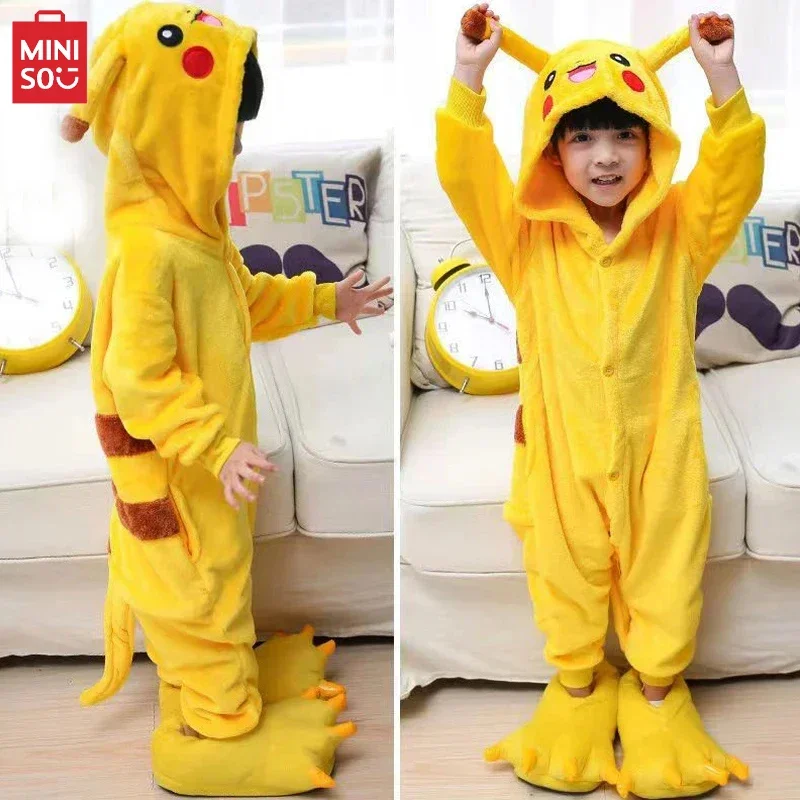 MINISO Pikachu Kids One-pieces Home Suit Cartoon Cute Winter Keep Warm Pajamas Coral Velvet Comfortable Kawaii Party Sleepwear