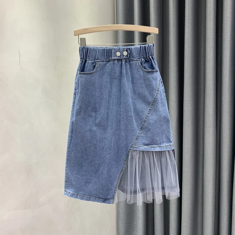 

Fashion Elegant Skirts Pockets Lace Patchwork Irregular Solid Color Jean Skirt High Waist Summer All Match Women Clothe