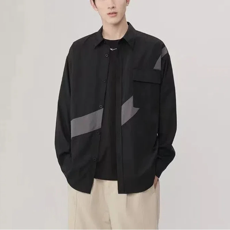Japanese Men's Spring Autumn 2024 New Patchwork Square Collar Button Fashion Solid Loose Versatile Casual Long Sleeved Shirts