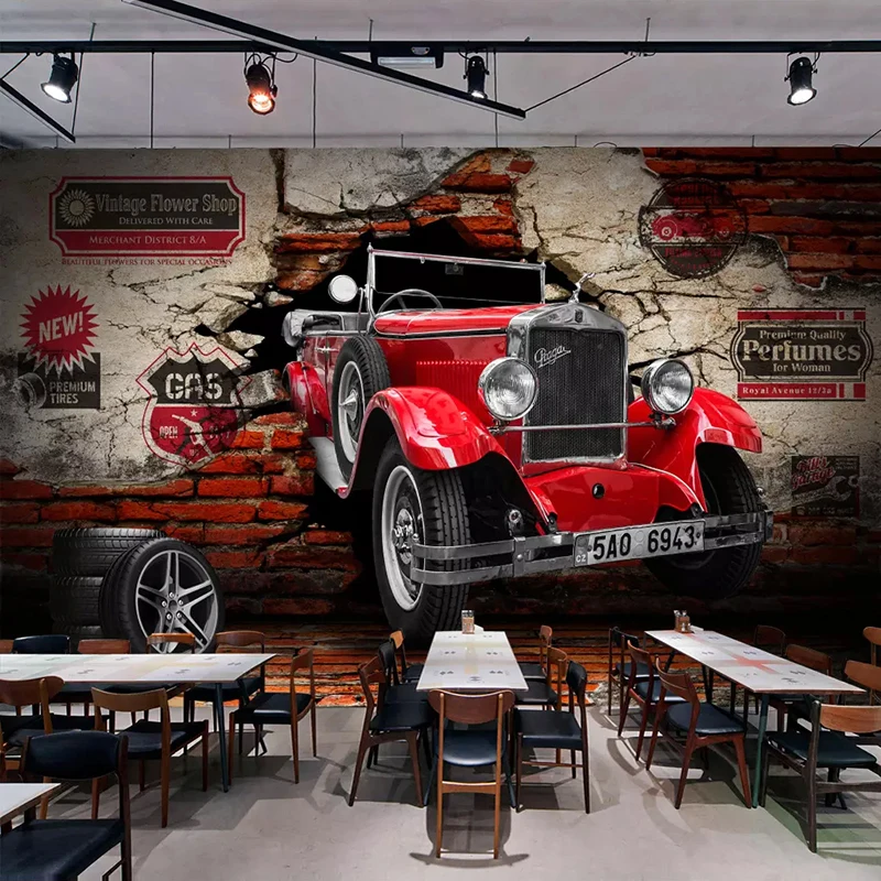 

Custom Photo Wall Paper 3D Retro Red Car Broken Wall Murals Living Room Restaurant Cafe Bar KTV Background Wall Painting Decor