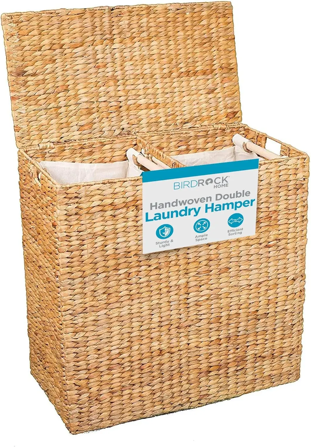 Handwoven Double Laundry Hamper | Removable Liner Bags | Laundry Basket with Lid - College Dorm Room Essentials, Bathroom