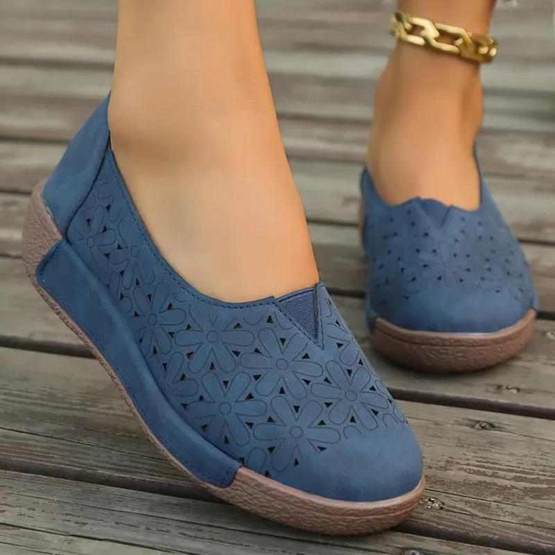 Frühling Herbst Damen Flache Plateau-Loafer Echtleder Komfort-Keilabsatz Mokassins Orthopädische Slip-On Freizeitschuhe