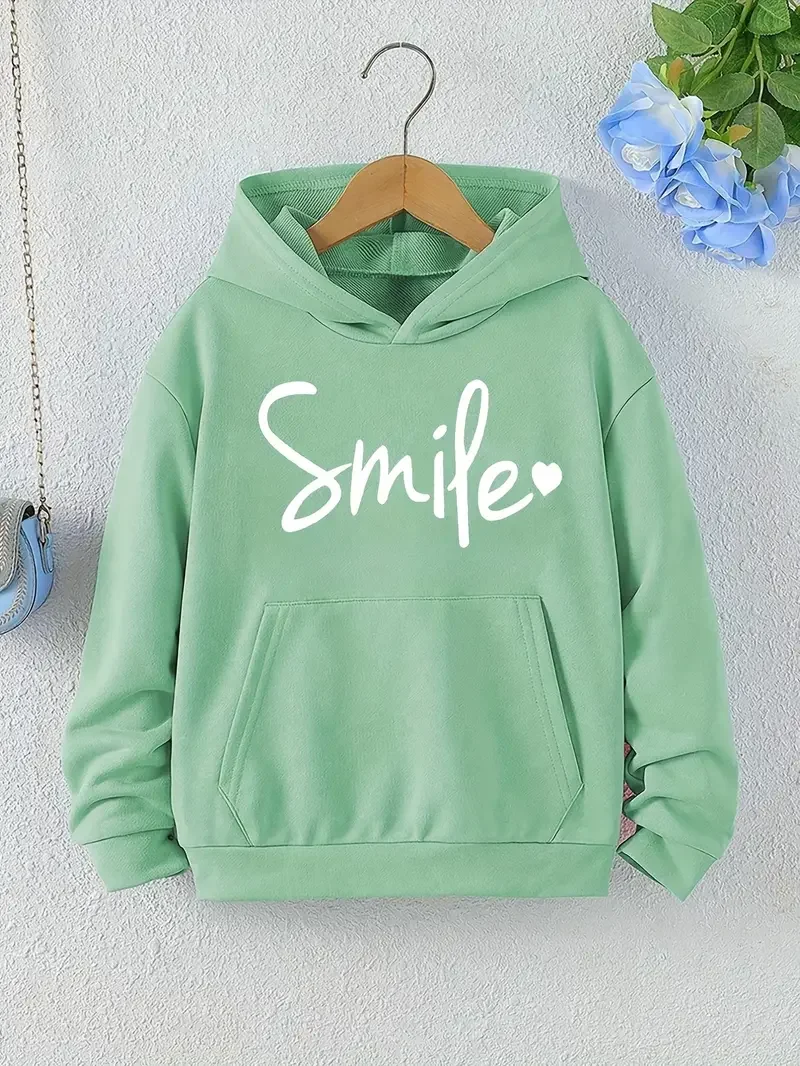 Girls SMILE Hoodie, Casual Letter Print Long Sleeve Drop Shoulder Hooded Sweatshirt For Active Outdoor