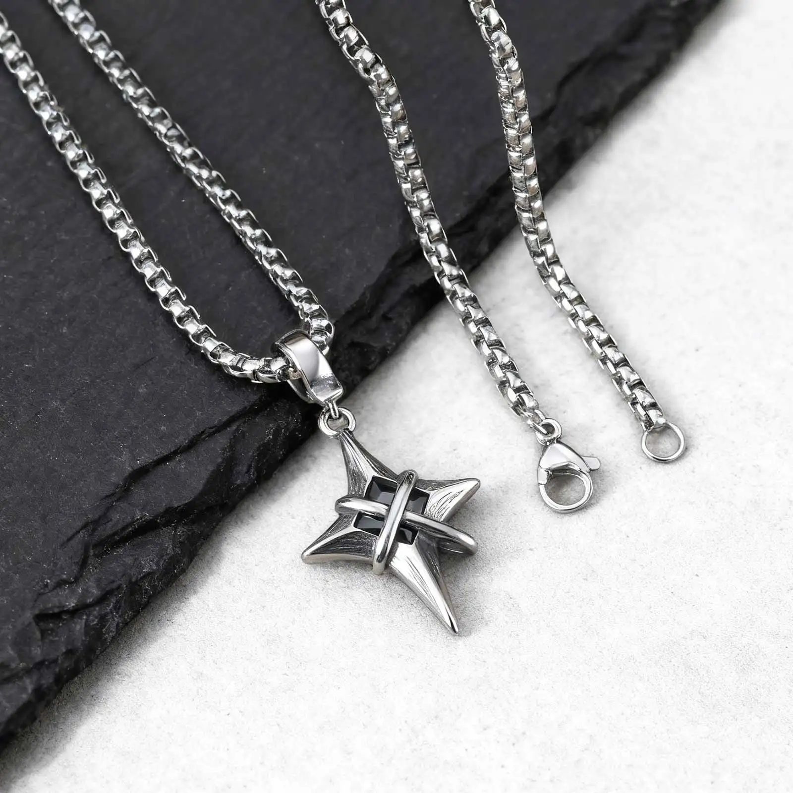 Minimalistische Sternkreuz-Halskette mit Anhänger aus Edelstahl für Männer, Punk-Hip-Hop-Unisex-Halsbänder, Y2K-Modeschmuck-Geschenke – Detail 2