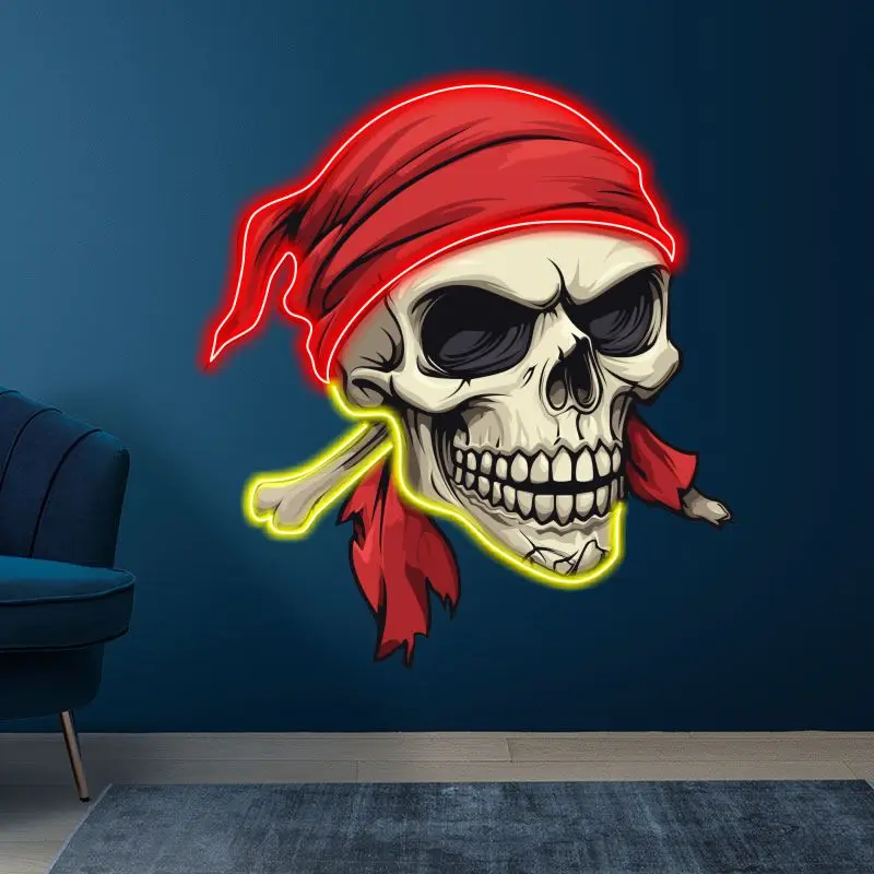 Pirate Skull In Red Turban Neon Sign, Creative Wall Hanging Neon Light, Whimsical Gift, Halloween Decor