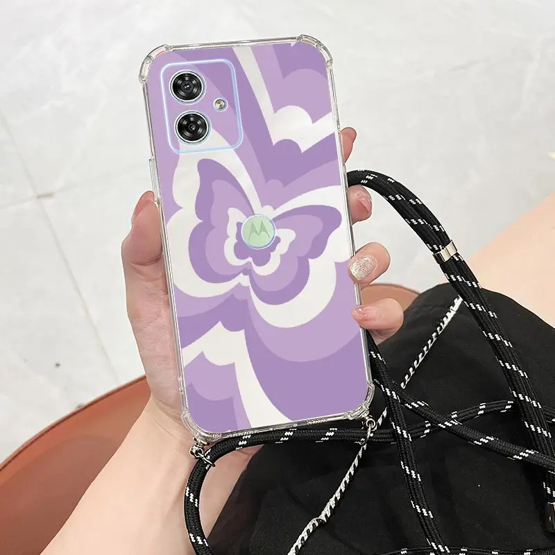 G54 Gentle Butterfly Transparent Lanyard Phone Case For Motorola Moto G54 G42 G14 G34 G32 G52 G24Power G53 G9 G41 G8 G13 Cover