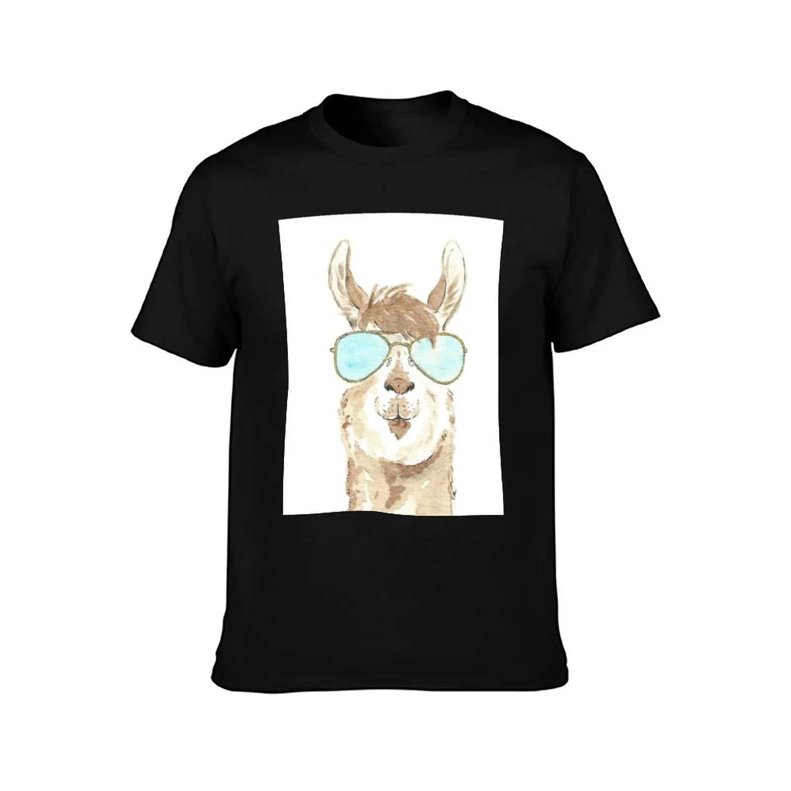 Llama Aviator Watercolor T-Shirt, Summer Casual Cotton Tee, Oversized Streetwear Tops, Vintage Graphic Print, Unisex Men Women