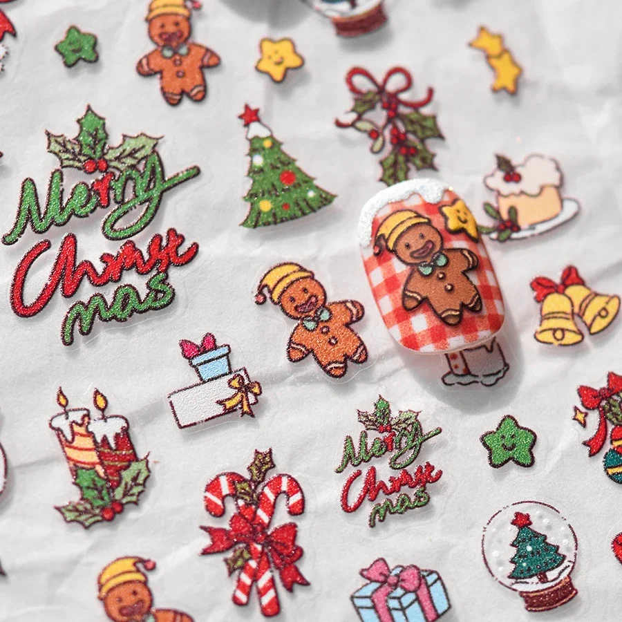 Lovely Gingerbread Man Snowman Santa Claus 5D Embossed Reliefs Self Adhesive Nail Art Stickers Christmas Cartoon Manicure Decals