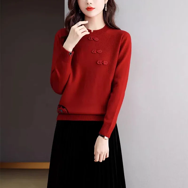 Vintage Chinese Style Autumn/Winter Pullovers Sweaters Women\'s O-Neck Frog Screw Thread Fashion Loose Long Sleeve Knitted Tops