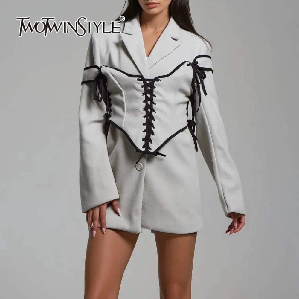 

TWOTWINSTYLE хитовые цвета, модные куртки на шнуровке для женщин, туника с лацканами и длинными рукавами, куртка Permium Feel, женская одежда, новинка