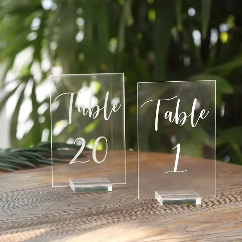 Letrero de número de boda acrílico transparente con tarjetero personalizado, tarjeta de asiento moderna arqueada, número de mesa en blanco