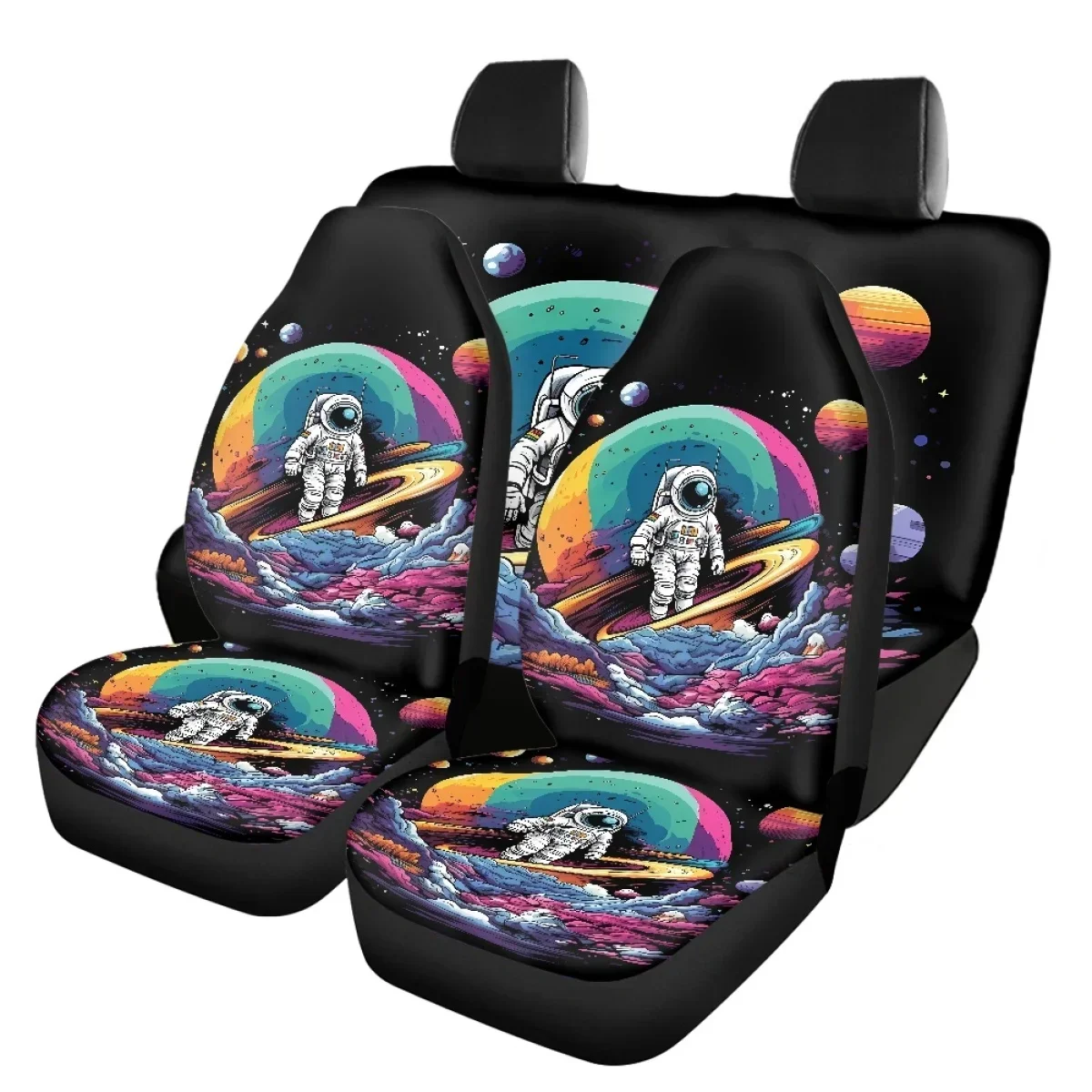 Rainbow Cloud Astronaut Planet Print Front Back Seat Cover Set Easy Installation Non-slip Easy to Clean Install Car Accessories