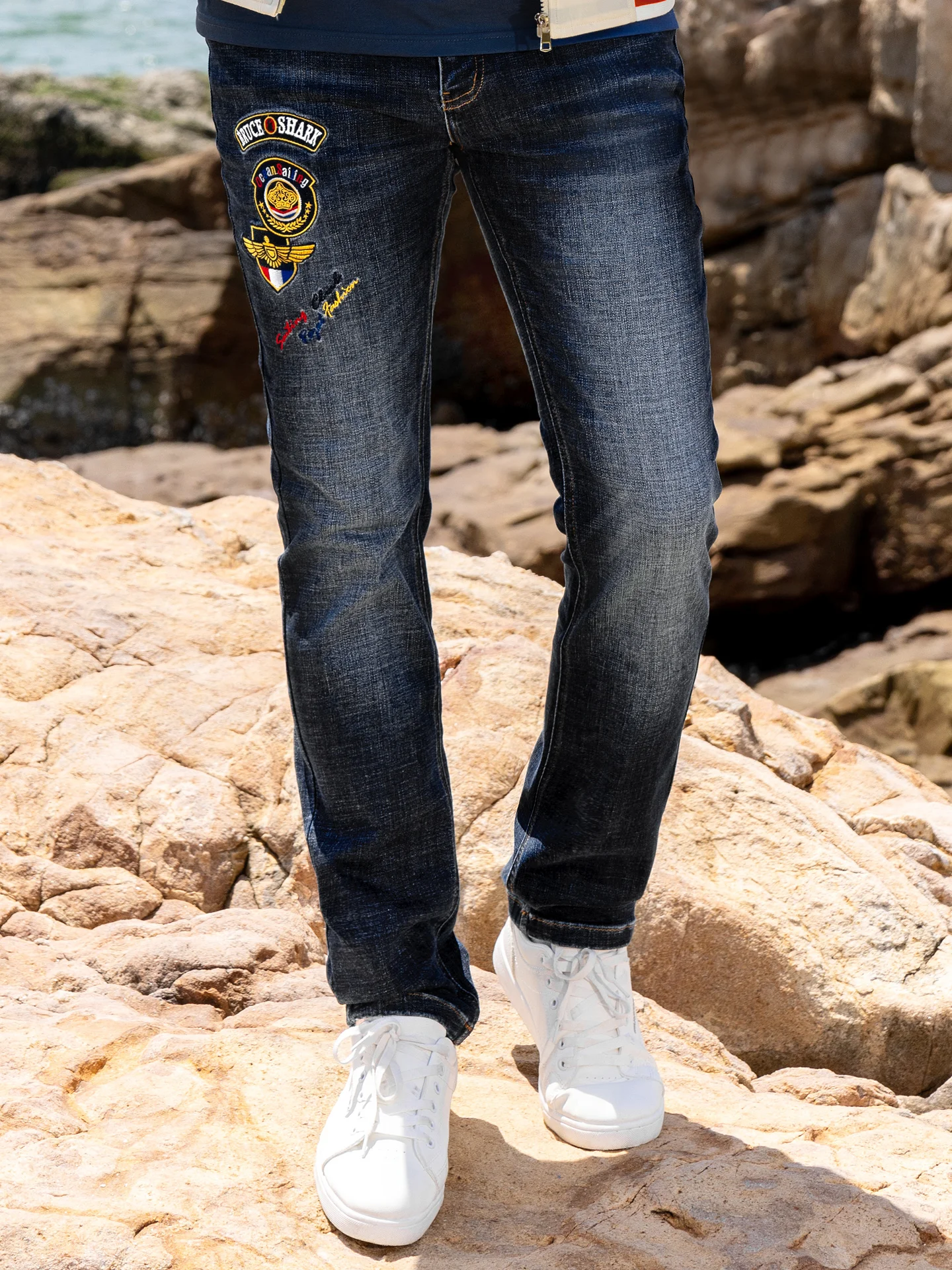 

Loose Straight Leg Embroidered Jeans Men's Faion plus Size Thi Long Pants Bruce & ark Brand Zipper Closure Cotton Stret...