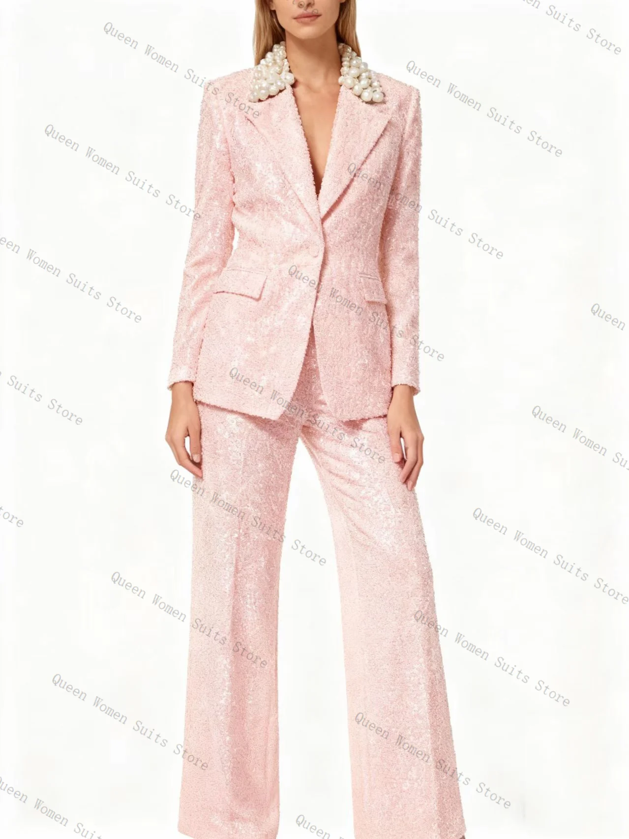 الفاخرة الترتر الأزرق الداكن المرأة البدلة مجموعة 2 قطعة السترة + السراويل بنطلون مكتب رسمي سترة حريمي ضيف الزفاف حفلة موسيقية معطف مخصص