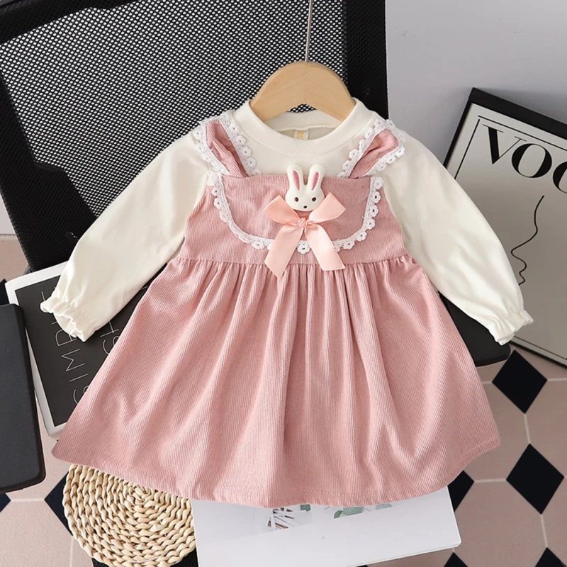 Baby Kids Dress Girls Princess Lace Bow Cartoon Rabbit Long Sleeve Dress Summer Spring Clothes Kids Wedding Party Vestido D2L