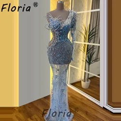 Dubai Pearls Mermaid Evening Dresses Blue Beads Crystals 3D Appliques Party Gowns Formal Prom Dress Customized Robe De Soiree