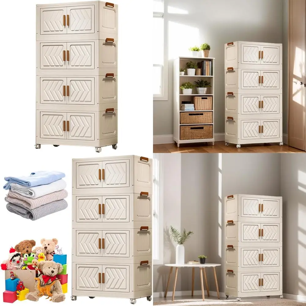 

Foldable 4-Tier Plastic Storage Cabinets with Doors and Wheels for Home and Office Organization