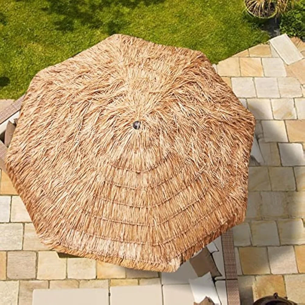 مظلة هيولا منقوشة بطول 9 أقدام على طراز هاواي مظلة فناء الشاطئ و8 أضلاع مع رفع كرنك بعامل حماية من الأشعة فوق البنفسجية 50+ شريط تيكي خارجي