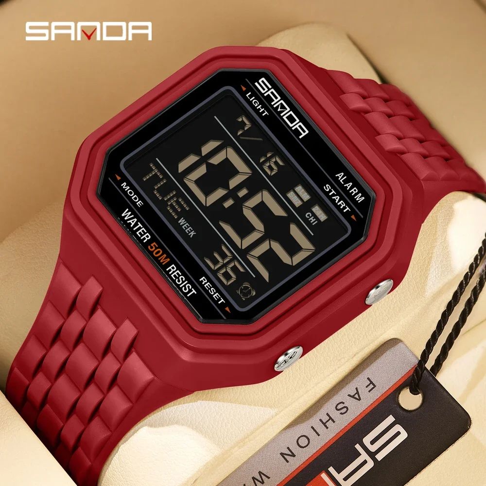 SANDA New 6366 Retro Block Sports Electronic Watch, Fashionable Men's 50 Meter Waterproof Night Light Multifunctional Watch 2026