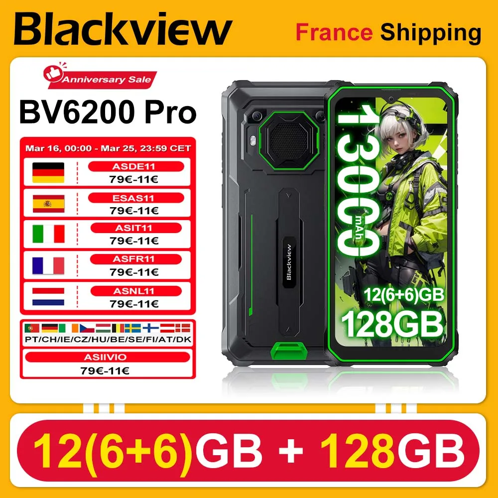 Blackview BV6200 Pro [pas de chargeur UE] Smartphone robuste Android 13 12 Go (6 + 6) 128 Go 13000 mAh 6,56", 13 MP, double SIM 4G GPS