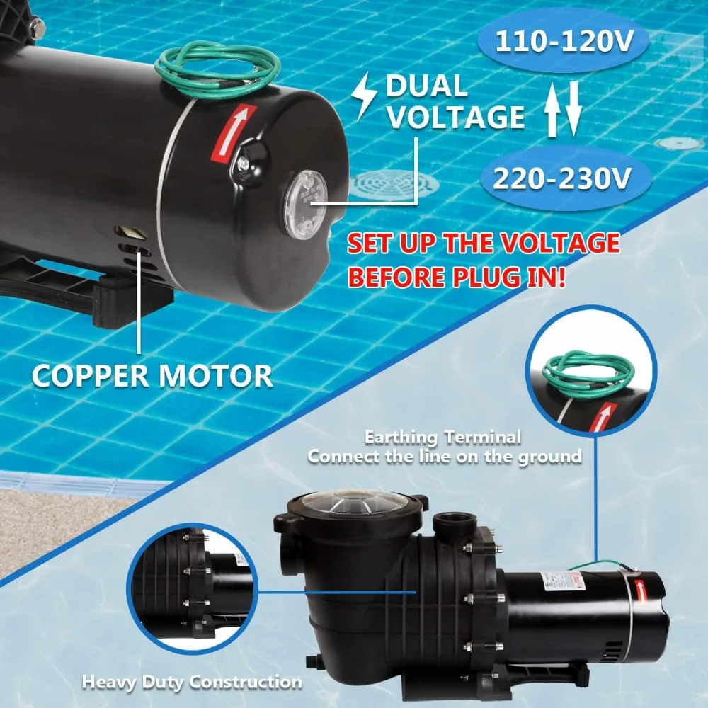 2HP 110V / 230V مضخة حمام سباحة مزدوجة الجهد 114GPM فلتر حديقة تحت الأرض وأعلى مضخة مياه لحمامات السباحة الأرضية - رائجة البيع!