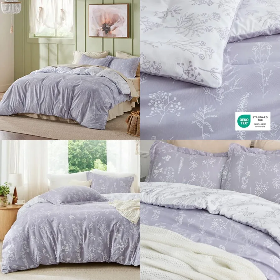 

Comforter Set - Lavender Bed Set, 3 Pieces Cute Floral Bedding, 1 Soft Reversible Botanical Flowers Comforter and 2 Pillow Sham