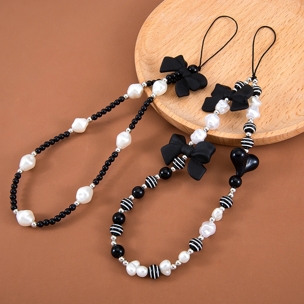 

Y2K Cute Black Bowknot Mobile Phone Lanyard Lovely Heart Charm Phone Chain For Cool Girls Aesthetic Cellphone Keychain