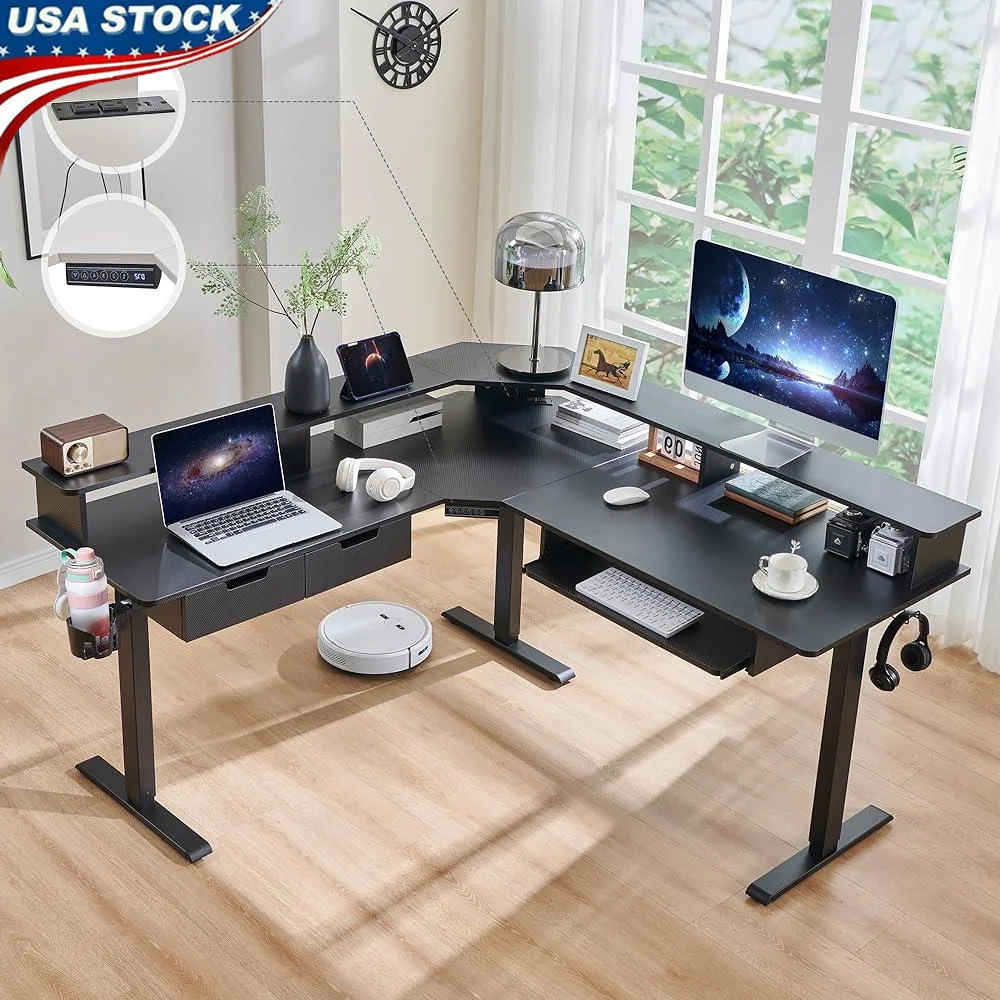

60-дюймовый L-образный электрический стоячий стол, регулируемый по высоте игровой стол со светодиодной подсветкой, розетками, лотком для клавиатуры и хранилищем