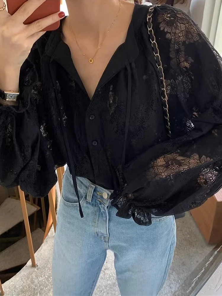 

Sexy Lace Hollow out Lantern Sve irt Korean Sle Women's Faionable Stand Collar Commute Wind Long Sve irt