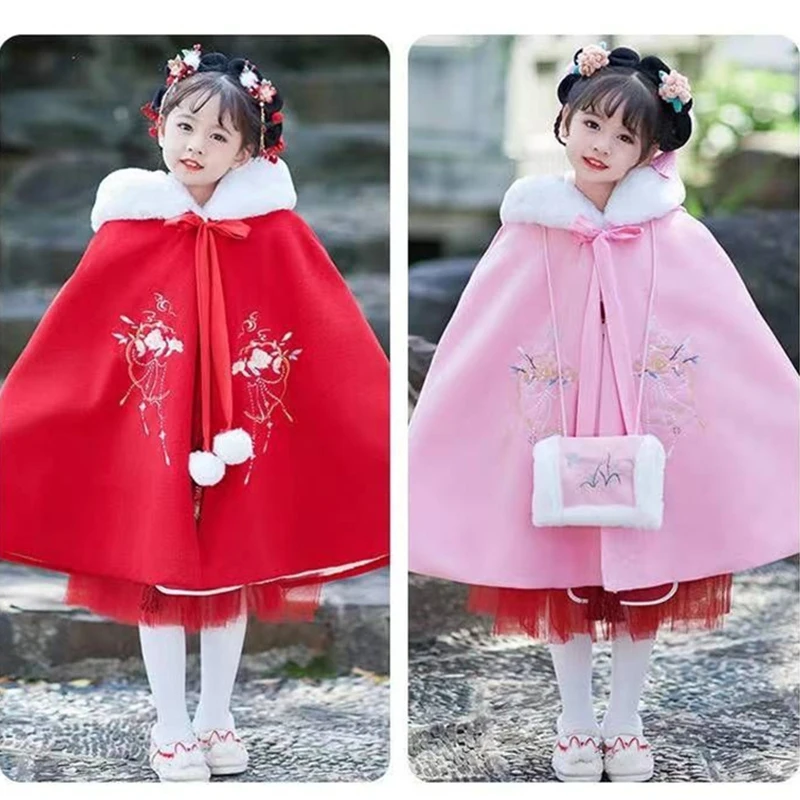 

Red Pink Hanfu Cloak Winter Coat Shawl Warm Thicken Overwear Traditional Chinese New Year Ancient Toddler Baby Girl Outdoors