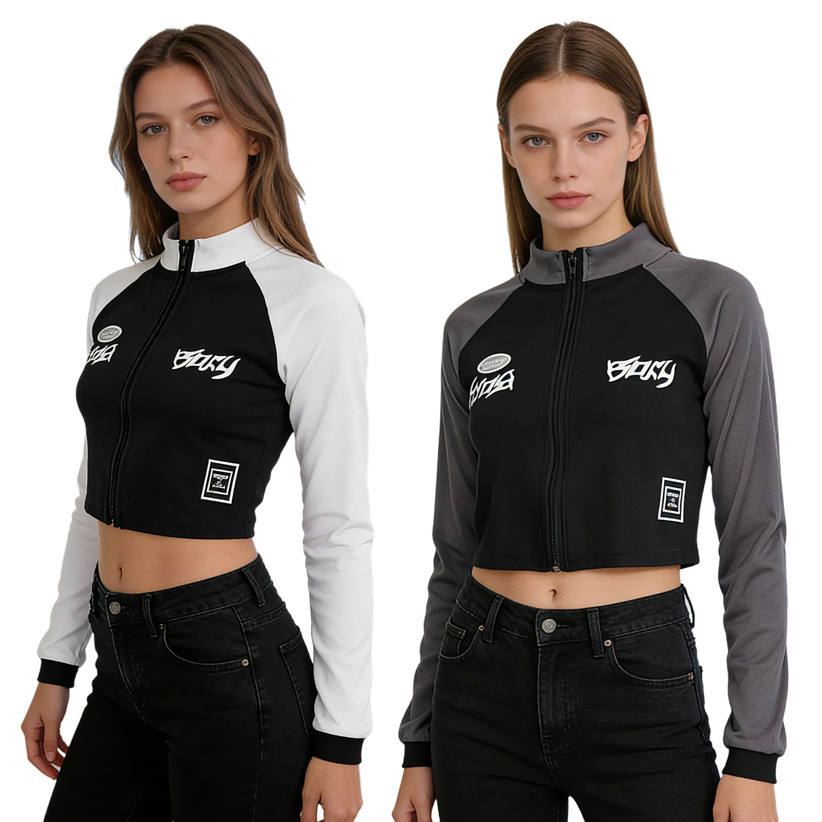 

Женская укороченная куртка Y2K с буквенным принтом, воротником-стойкой, длинными рукавами, цветными блоками, на молнии, в рубчик, облегающая, для спорта и автоспорта